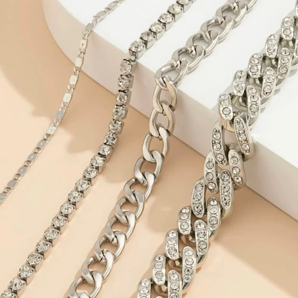 Silver Chunky Bracelet Set with Rhinestones - Picture 4 of 11